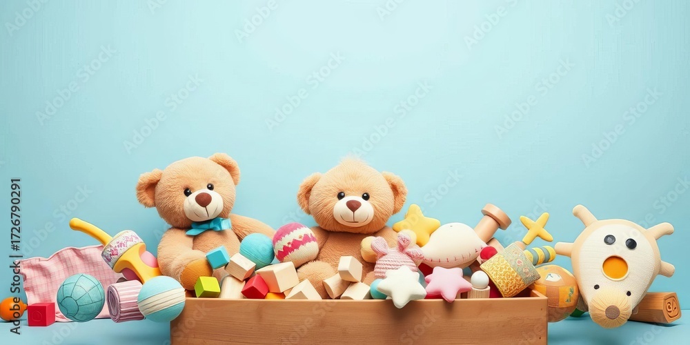 Obraz premium Pastel blue background, overflowing toy box with teddy bear, wooden blocks, and soft toys, cute toys, pastel