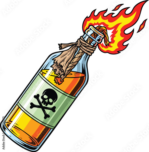 A handdrawn molotov cocktail with a skull and crossbones label is engulfed in flames, the bottle contains a yellow liquid, creating a dangerous and striking image