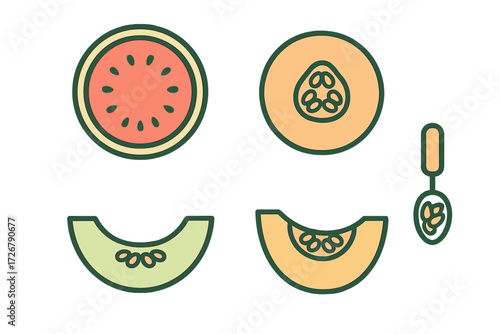 Colorful summer fruit selection featuring juicy watermelon and sweet cantaloupe pieces alongside a specialized kitchen scoop