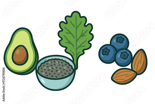 Healthy superfood selection with avocado, chia seeds, fresh blueberries, almonds, and green leafy vegetable