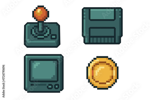Pixelated retro gaming icons featuring a classic joystick, game cartridge, mini console, and golden coin
