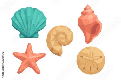 Vibrant low poly geometric marine life collection featuring various seashells, a starfish, and a sand dollar on white