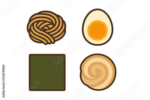 Assortment of ramen ingredients including noodles, boiled egg, nori seaweed, and narutomaki fish cake
