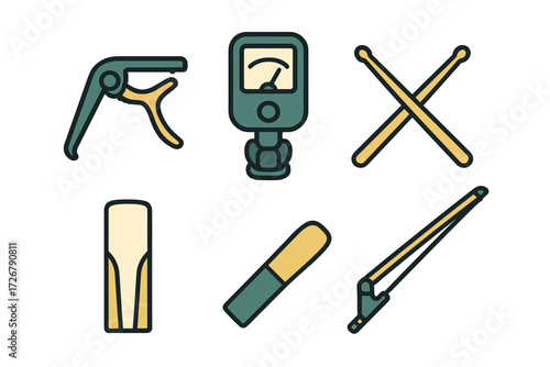 Essential musical instrument accessories including guitar capo, tuner, drumsticks, saxophone reed, mouthpiece, and violin bow