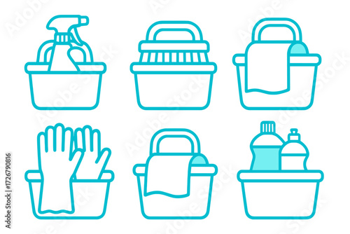 Set of essential cleaning items including spray bottles, brushes, gloves, and towels in basins
