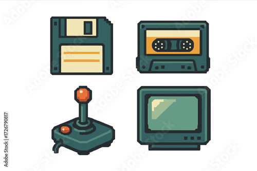 Retro technology gadgets including floppy disk, audio cassette, joystick, and old computer monitor