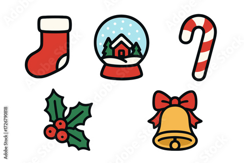 Set of traditional Christmas holiday festive elements including a red stocking, snow globe, candy cane, holly, and golden bell