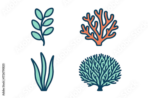 Vibrant stylized marine flora and coral reef elements for underwater ecosystem designs. Diverse aquatic plants and corals for ocean-themed projects