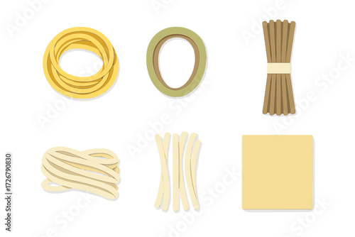 Assortment of various raw pasta shapes and noodles including spaghetti, fettuccine, and lasagna sheets