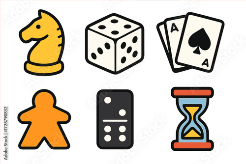 Collection of classic board game and card game elements including chess knight, dice, playing cards, domino, and hourglass