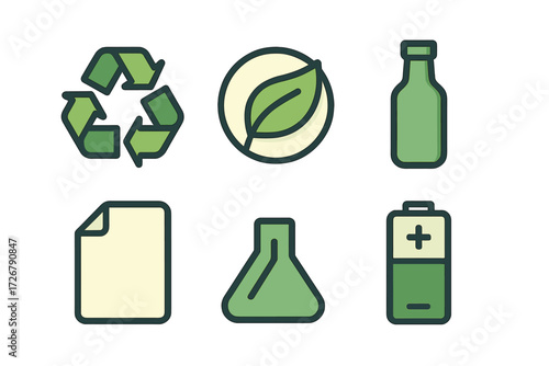 Eco-friendly and scientific symbols representing environmental protection, recycling, and sustainable living concepts