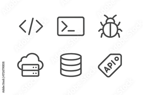 Programming and software development icons featuring code, terminal, bug, cloud server, database, and API symbols