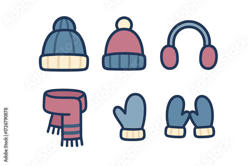 Assortment of cozy winter clothing accessories featuring knitted hats, earmuffs, scarf, and mittens for cold weather