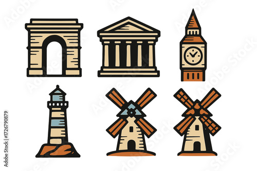 Iconic architectural structures and global travel destination symbols representing famous landmarks