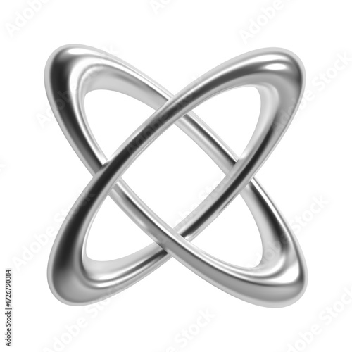 Y2K chrome 3d abstract symbol with interlaced metallic loops in X-shape, retrofuturism and cosmic aesthetics