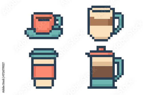Collection of pixel art coffee icons including a classic cup, latte mug, takeaway cup, and French press for retro designs