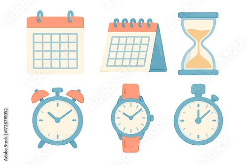 Essential time management and scheduling icons featuring calendars, clocks, hourglass, and stopwatch symbols for productivity and planning