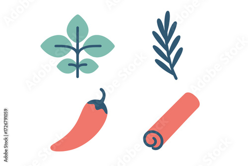Assortment of fresh culinary herbs and aromatic spices including basil leaves rosemary sprig red chili pepper and rolled cinnamon stick