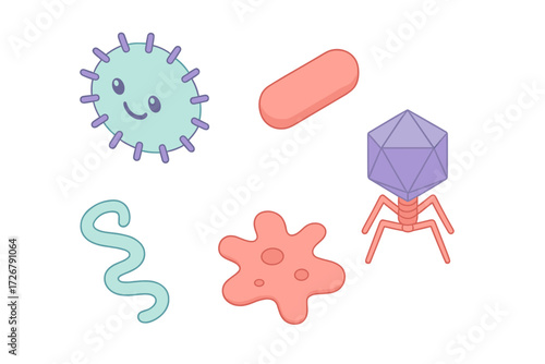 Cute and colorful collection of diverse microscopic organisms including bacteria, viruses, and amoeba shapes for science education
