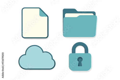 Modern flat style symbols for digital data storage, cloud computing, file management, and secure access technology