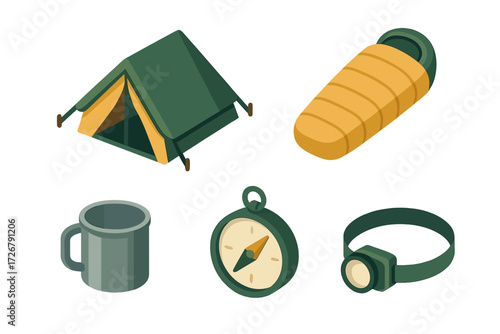 Essential camping and outdoor adventure gear set including tent, sleeping bag, compass, mug, headlamp