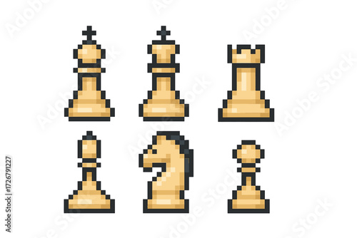 Classic pixel art style chess game pieces set featuring king queen rook bishop knight and pawn figures
