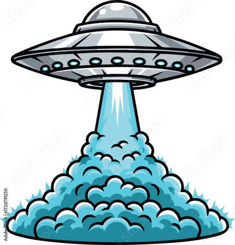 Illustration of a flying saucer hovering over a cloud with a blue beam of light shining down the ufo is silver and has a dome on top the cloud is blue