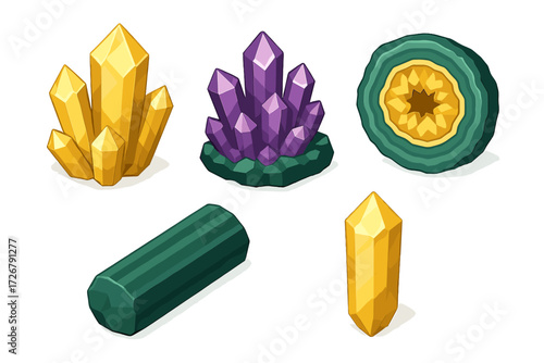 Isometric collection of colorful faceted crystals, raw gemstones, and polished mineral formations on a white background
