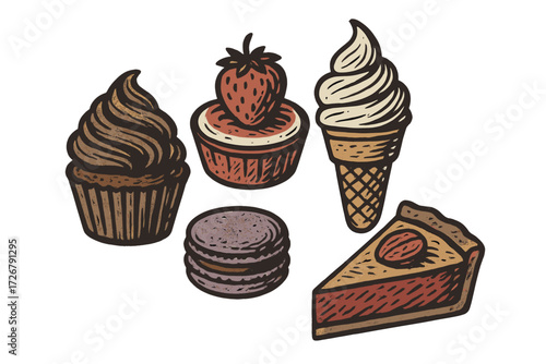 Assortment of sweet desserts with chocolate cupcake, strawberry tart, soft serve ice cream, macarons, and pecan pie