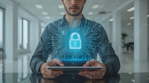 Professional safeguarding digital information on a tablet, showcasing robust cybersecurity measures and data protection in a modern office environment for secure online operations
