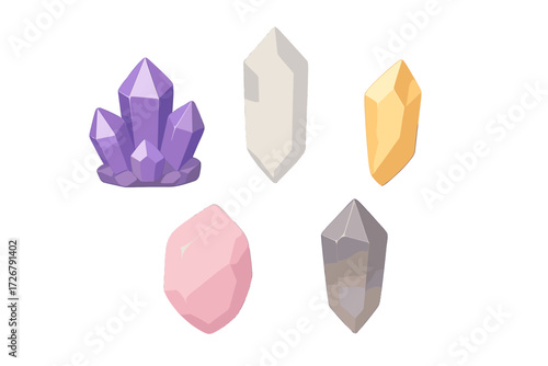 A stunning collection of diverse geometric crystal formations in vibrant purple, pink, yellow, and white colors