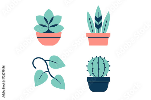 Collection of stylized potted plants including succulent, cactus, and leafy green houseplant elements in a flat graphic style