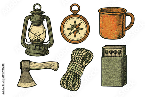 Detailed collection of vintage camping equipment and essential survival tools for outdoor adventure and wilderness exploration, perfect for travel and nature themes