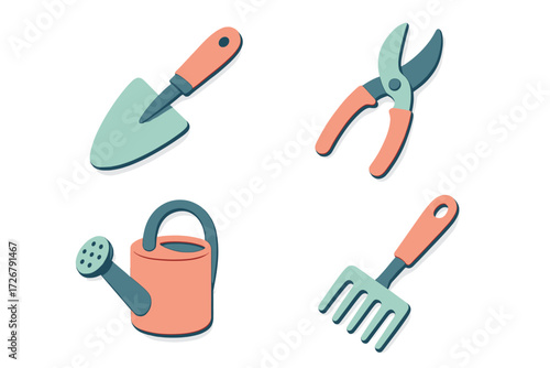 Assortment of essential gardening tools including a trowel, pruning shears, watering can, and hand rake for horticulture and planting