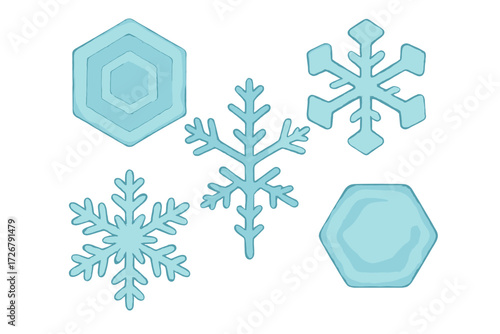 Light blue snowflakes and geometric ice crystal shapes for winter holiday designs and decorations