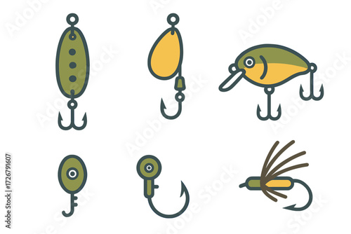 Diverse collection of fishing lures, spinners, and flies for recreational angling activity and sport fishing