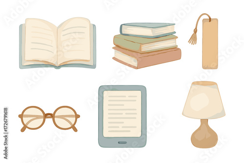 Cozy reading essentials with open book, stacked books, e-reader, eyeglasses, bookmark, and table lamp