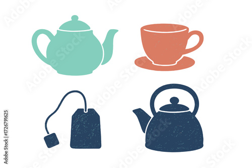 Assortment of stylized teapot teacup kettle and tea bag icons for hot beverage concepts and kitchenware design