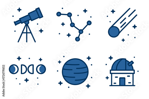 Astronomy and space icons set with telescope, constellation, comet, moon phases, planet, and observatory