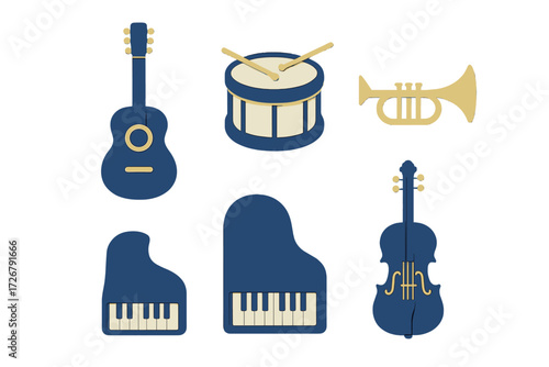 Modern minimalist musical instruments guitar drum trumpet piano violin blue gold