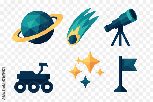 Collection of celestial objects and space exploration elements featuring planet, comet, telescope, rover, stars, and flag