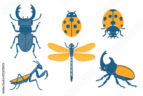 Collection of diverse stylized insects including beetles, a dragonfly, and a praying mantis on a white background
