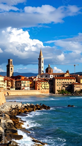 Coastal town cityscape under a partly cloudy sky