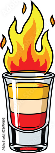 Illustration of a flaming shot glass the shot glass is filled with layers of different colors and has a flame burning on top the colors are red, yellow, and white