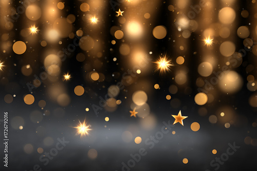 Abstract golden bokeh background with shimmering lights and stars creating a festive atmosphere, ideal for celebrations, invitations, or holiday-themed designs