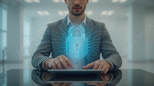 Businessman using a tablet with a glowing digital padlock hologram, symbolizing cybersecurity, data protection, and network security in a modern office
