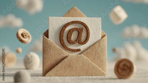Creative illustration featuring a textured envelope with an '@' symbol and floating elements, representing digital communication and connectivity in a whimsical environment