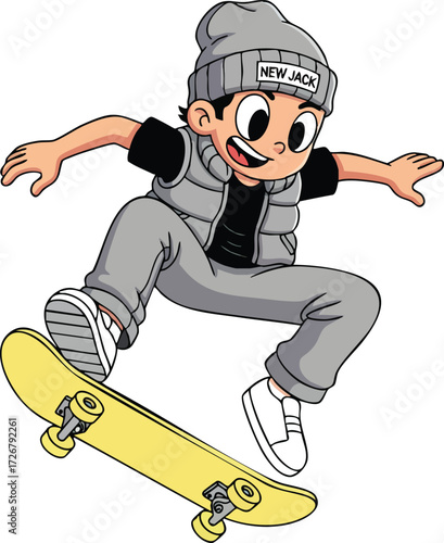 A young skateboarder performing a trick, capturing the energy, skill, and excitement of skateboarding culture and youthfulness