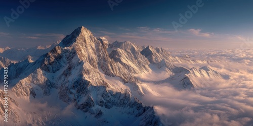 A wide angle landscape of a snowy mountain range towering above a serene valley