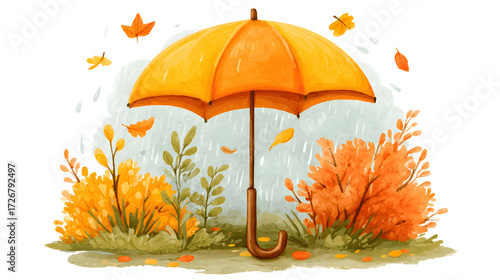 Bright yellow umbrella stands amidst colorful autumn foliage, surrounded by vibrant orange and green plants, capturing the essence of a rainy fall day in a whimsical illustration